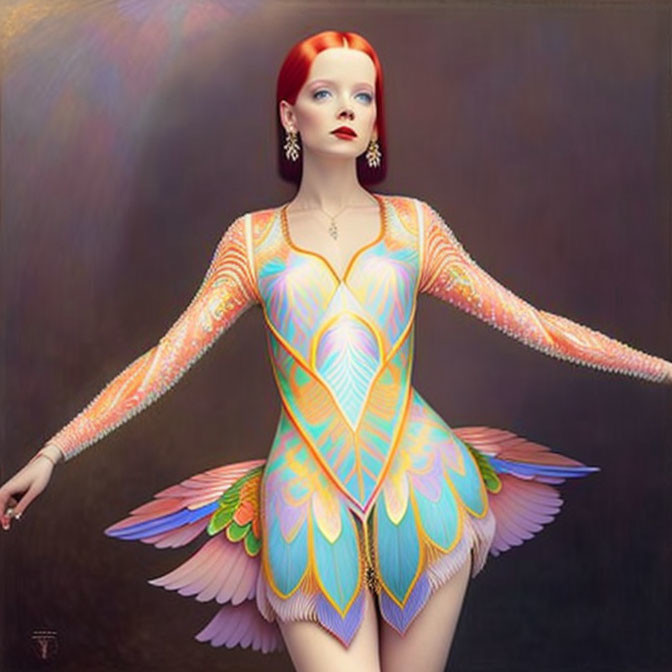 Vibrant image of woman in feathered bodysuit with red hair