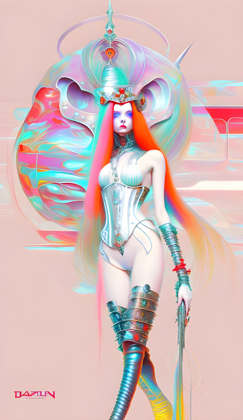 Digital artwork: Futuristic female character with rainbow hair in metallic outfit