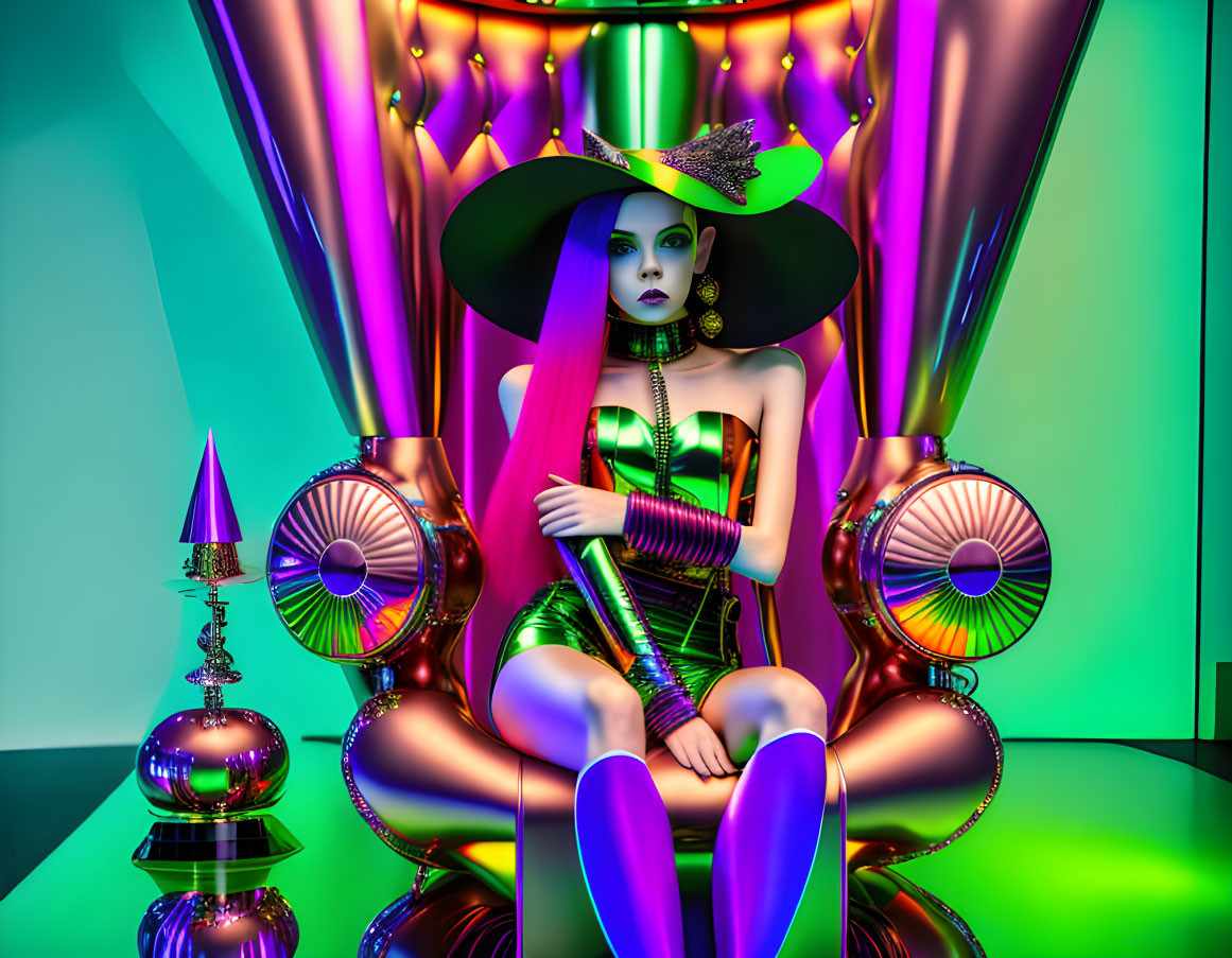 Colorful digital artwork featuring female character in green corset and purple boots
