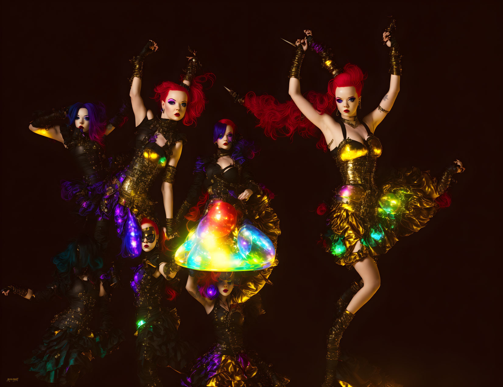 Four performers in vibrant costumes with dynamic poses against dark backdrop.