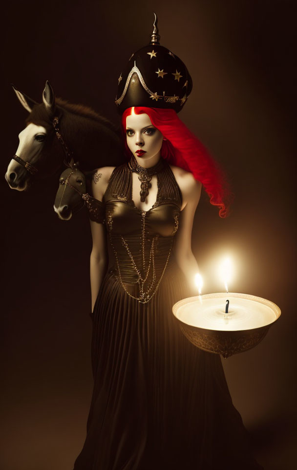 Red-haired woman in period dress with candle-lit bowl and donkey in sepia setting