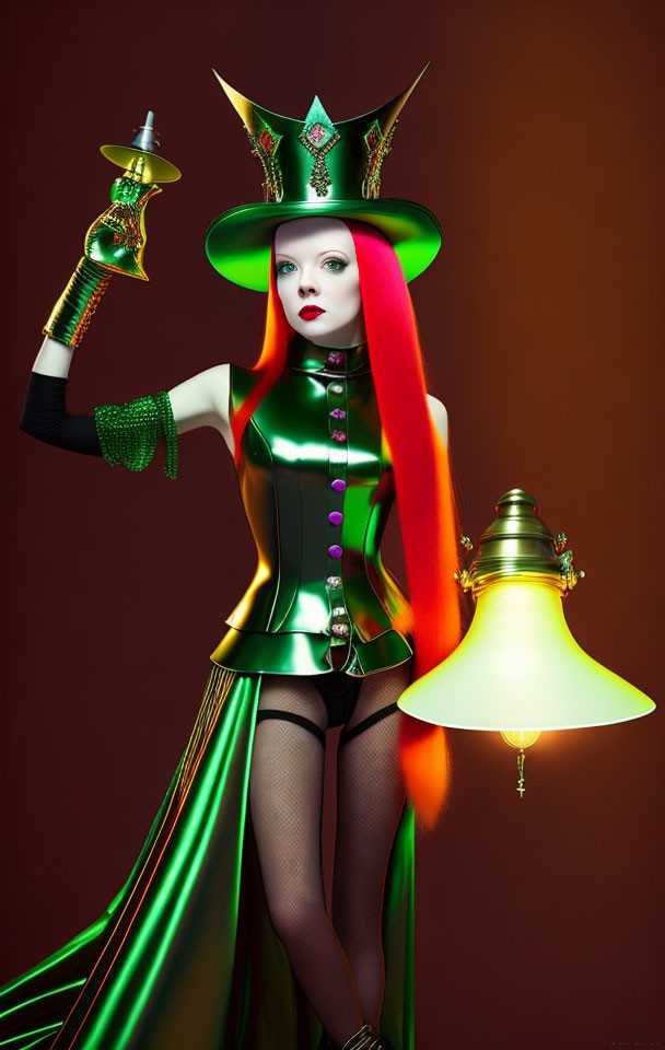 Stylized woman with red hair in witch-like outfit holding lamp and scepter