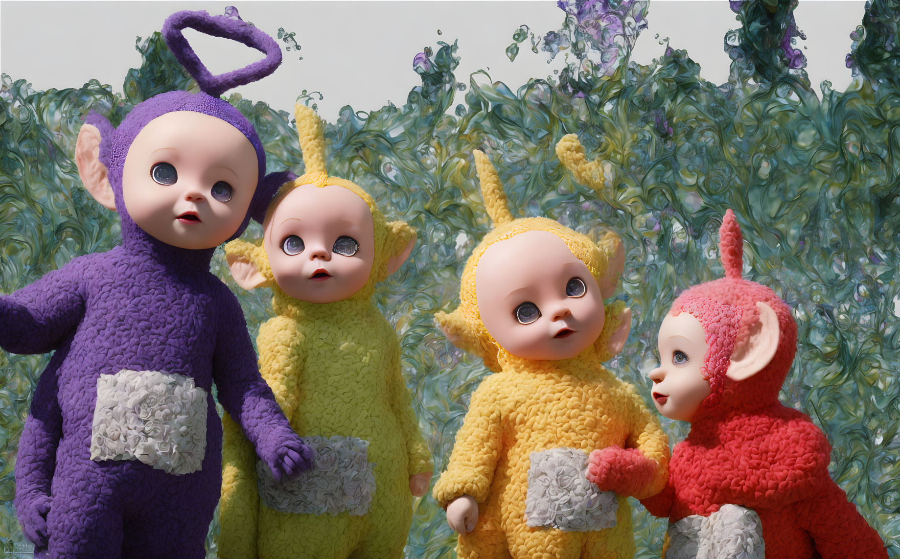 Four Teletubbies in floral setting.