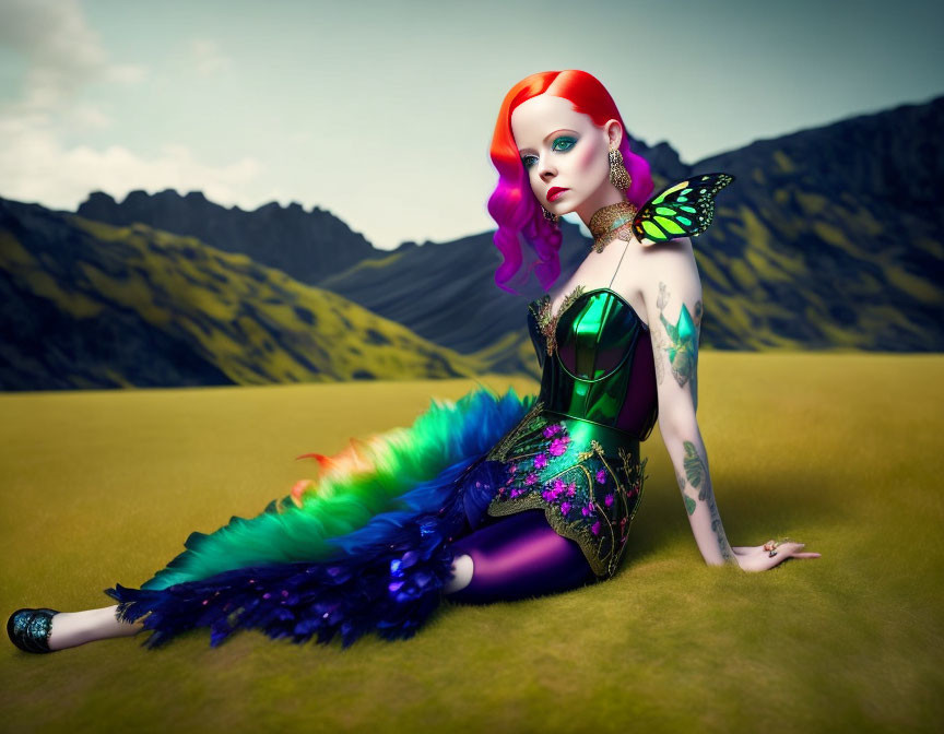 Colorful Woman with Rainbow Hair and Mermaid Tail in Mountain Landscape