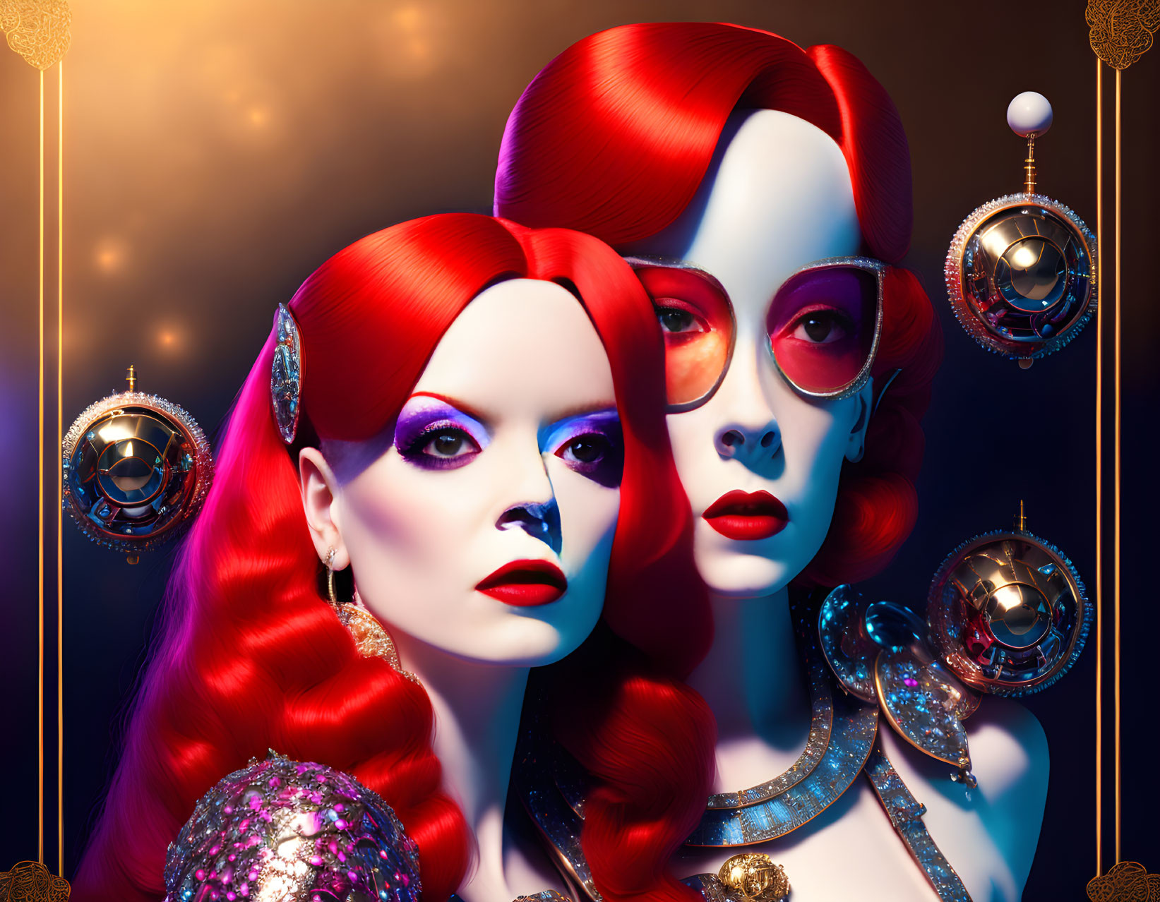 Stylized red-haired female figures with sunglasses and ornate accessories on dark background