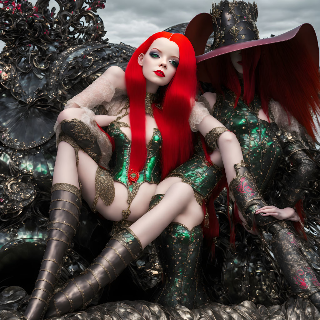 Digital artwork: Female figure with red hair & green corset on gray backdrop with mystical, Gothic vibe