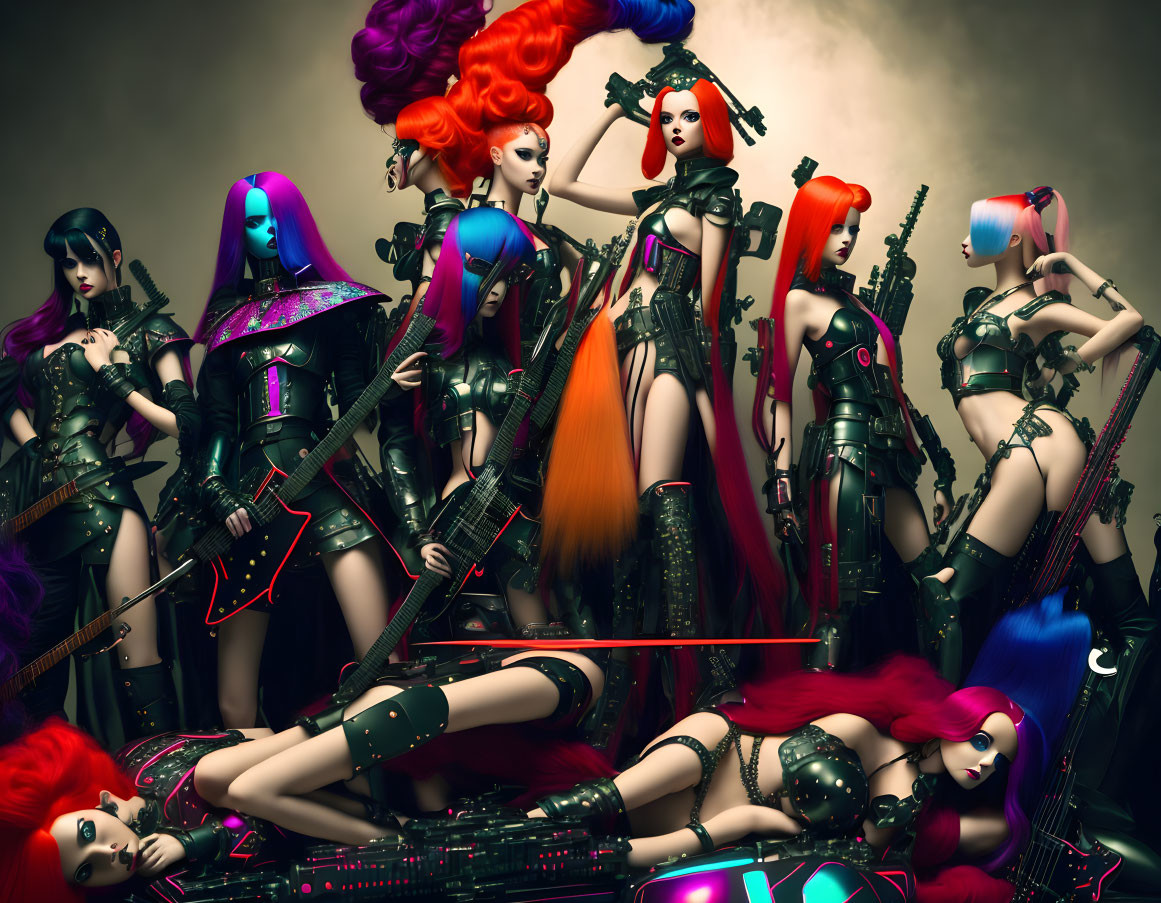 Futuristic female characters with colorful hair and edgy costumes posing with musical instruments