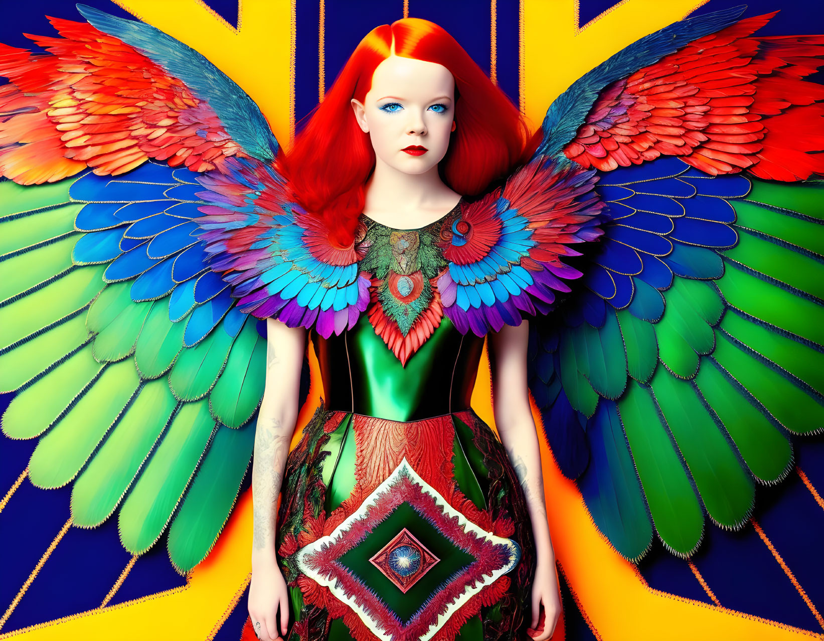 Vibrant woman with red hair and bird wings on geometric backdrop