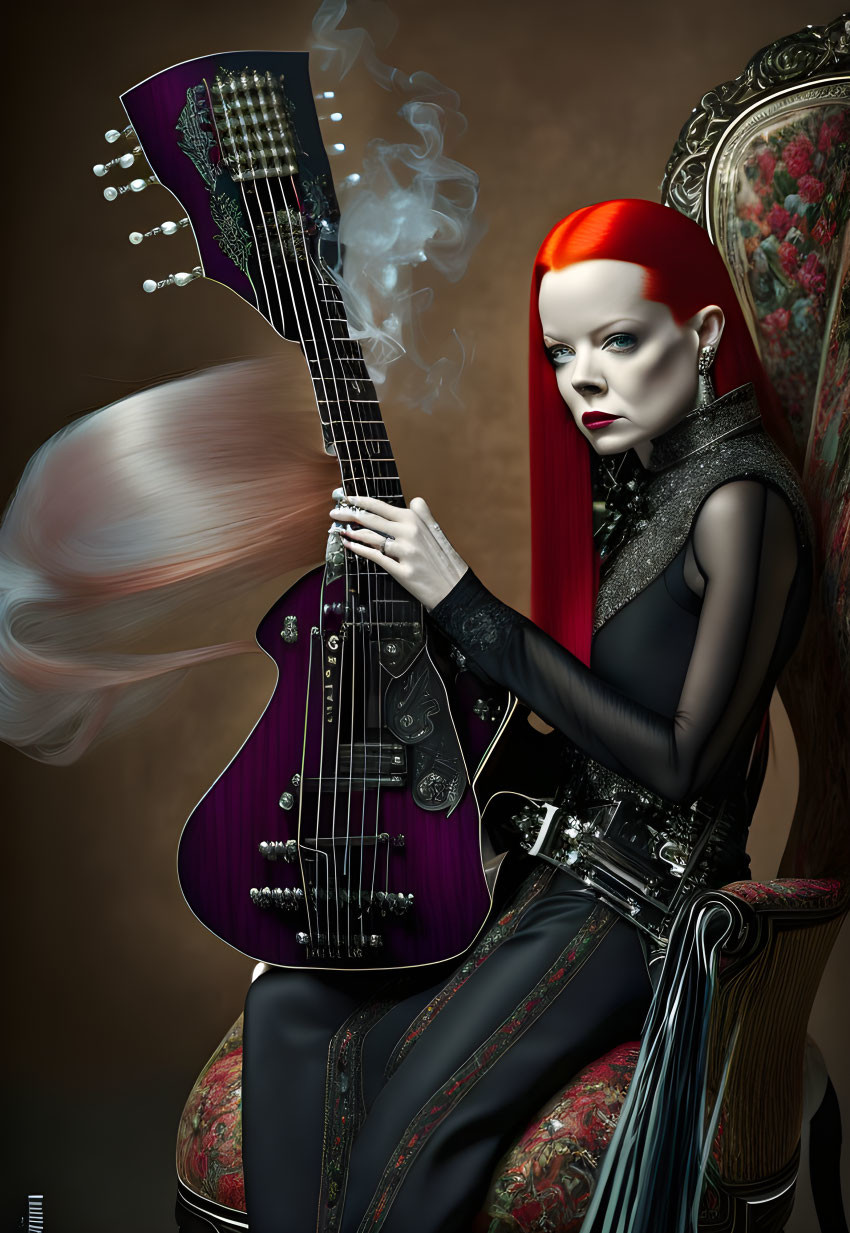 Illustration: Red-haired woman in gothic outfit with double-neck guitar.