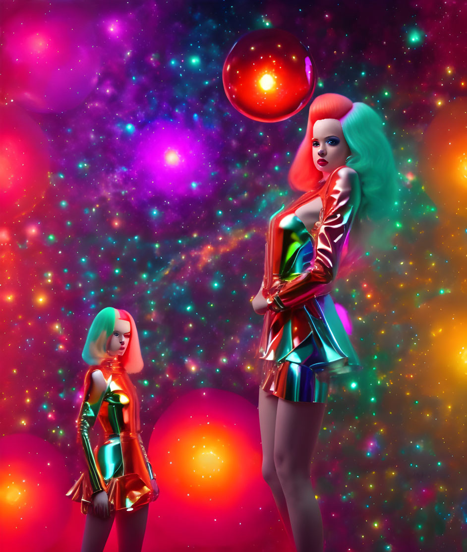 Stylized women with colorful hair in futuristic metallic clothing against vibrant cosmic background