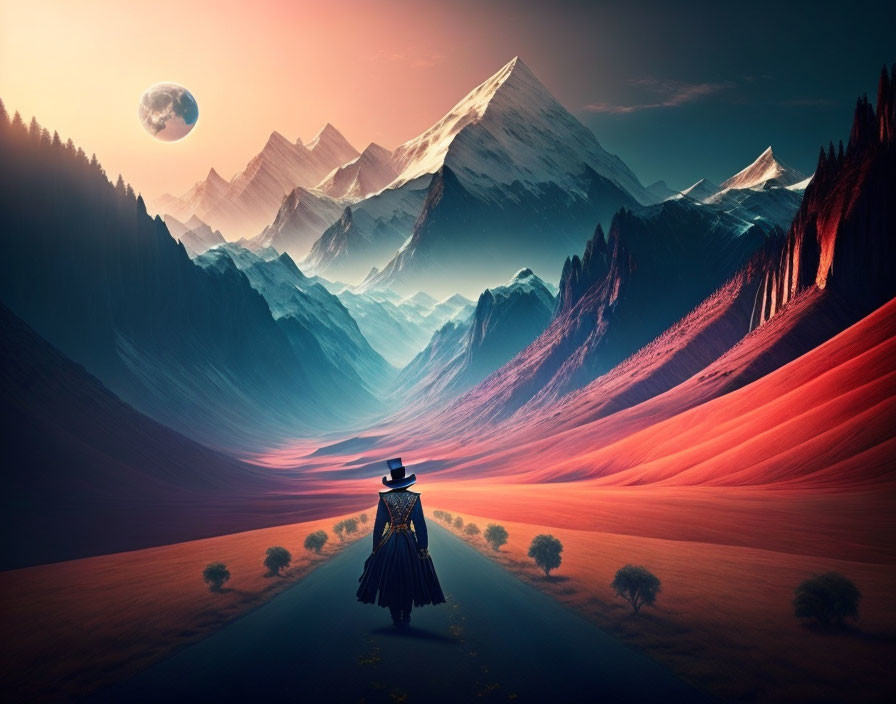 Surreal landscape with red fields, trees, mountains, and large moon.