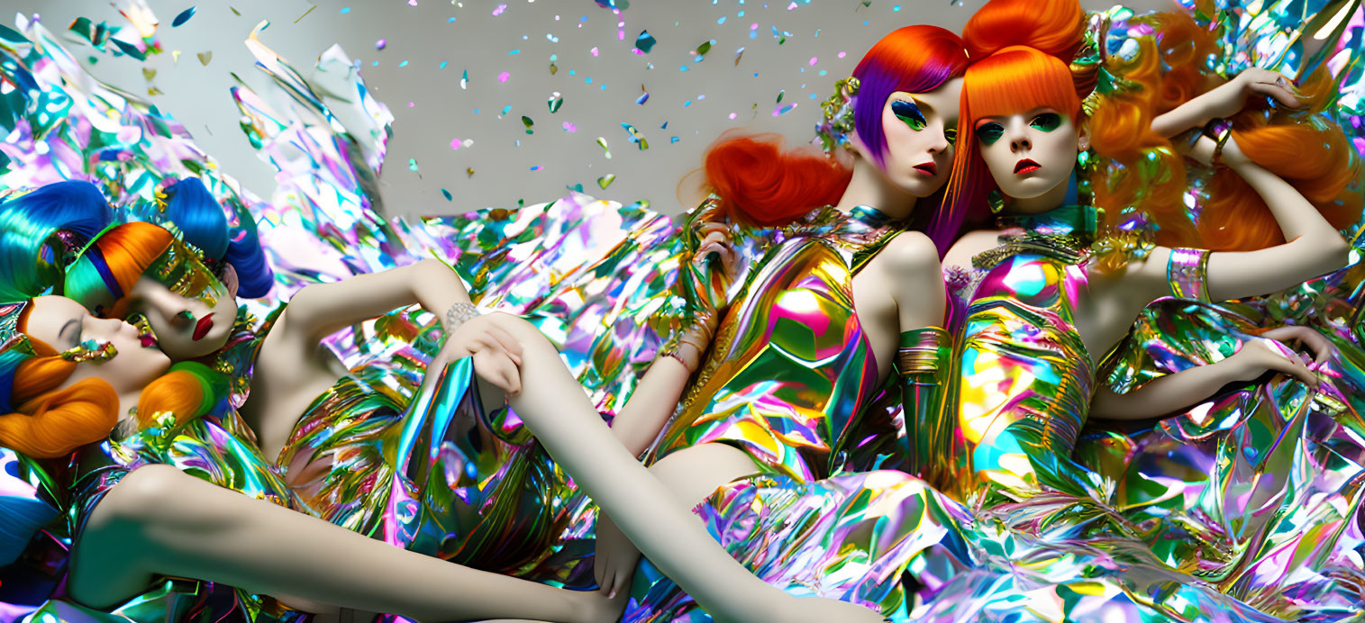 Abstract surreal image: mannequin-like figures with vibrant hair and metallic clothing