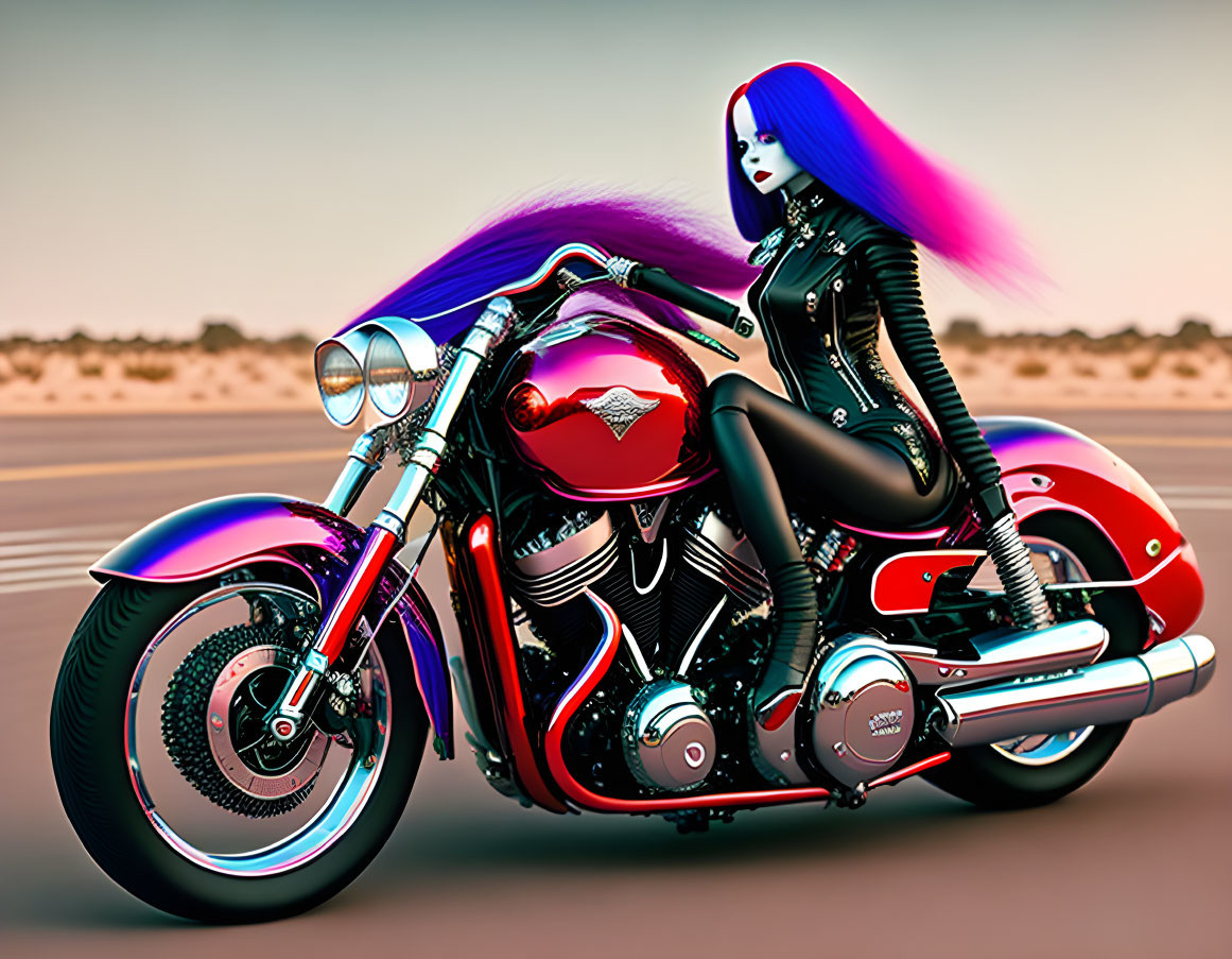 Digital artwork of woman with purple hair on red motorcycle in desert