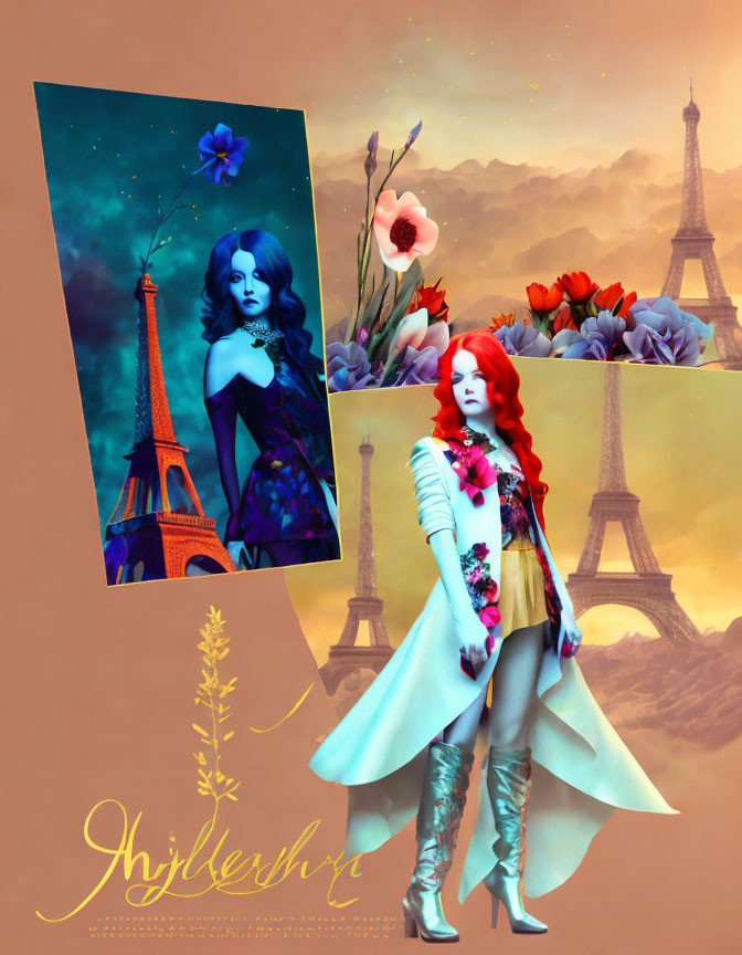 Stylized collage with Eiffel Tower backdrop, fashionable women, flowers, and cursive text