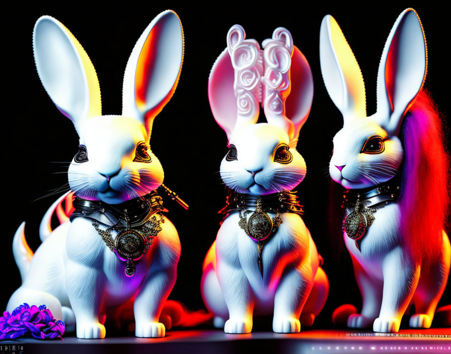 Three illuminated rabbits with lockets on dark background