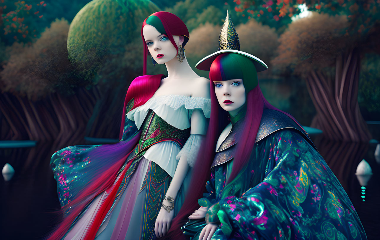 Whimsical female figures in vibrant fantasy costumes in surreal forest