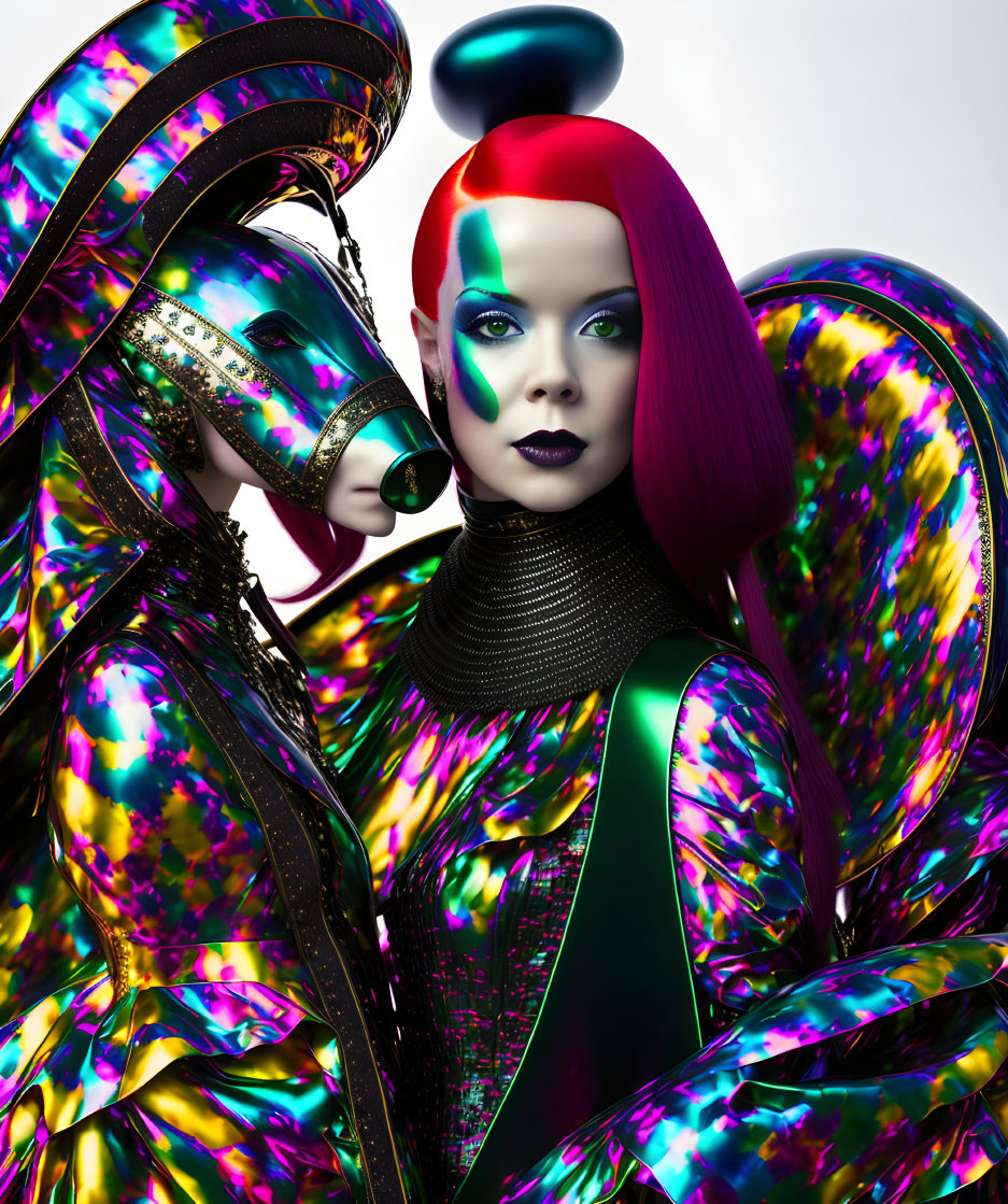 Vibrant digital artwork: Woman with red hair in iridescent clothing