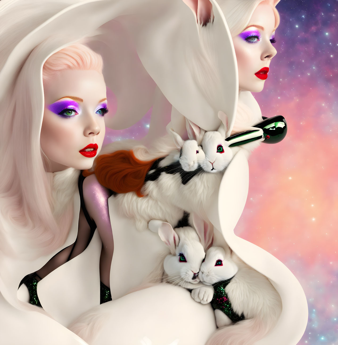 Stylized women with colorful makeup posing with white rabbits against starry backdrop