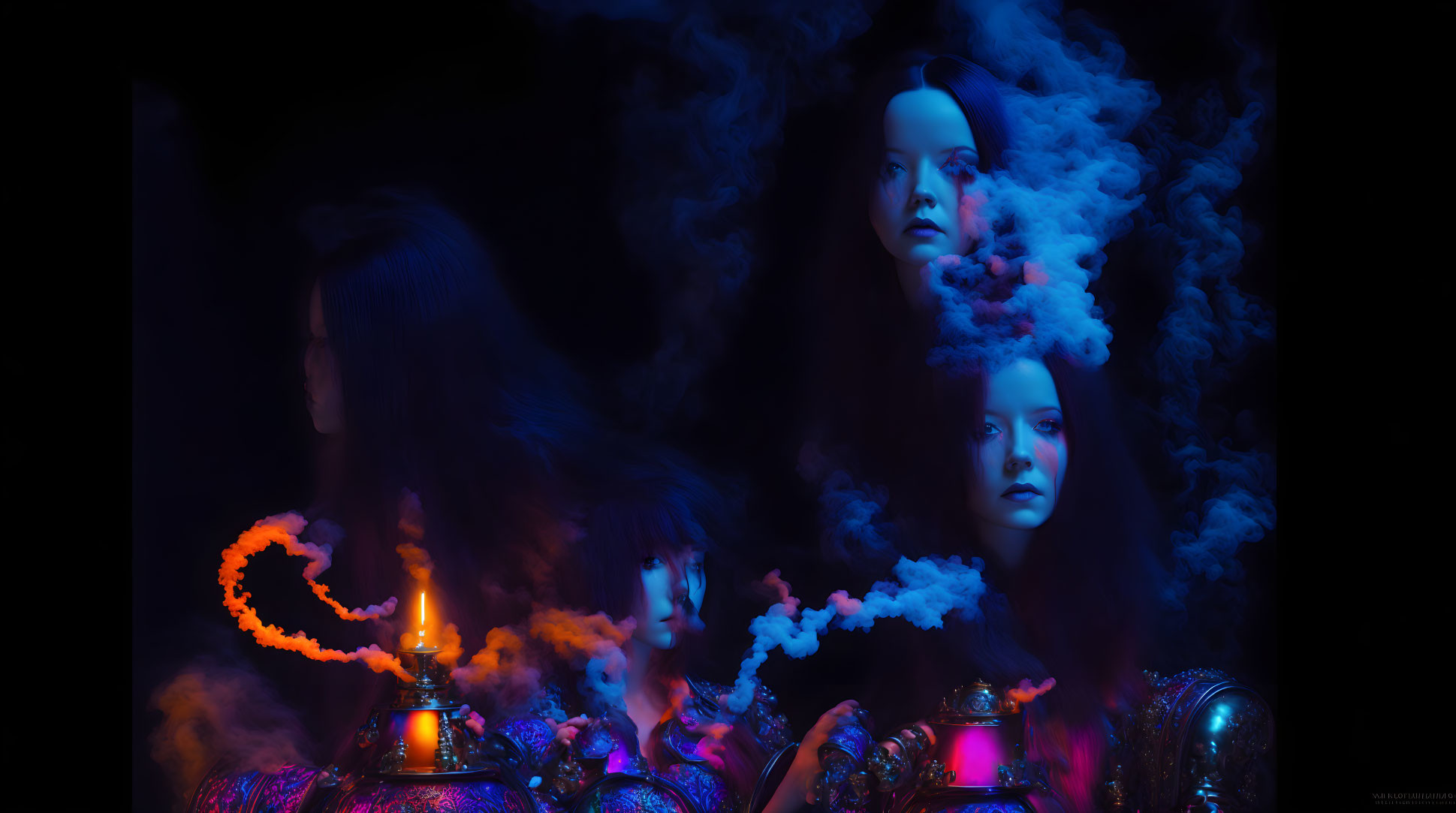 Three Women in Colorful Lighting and Smoke with Candles and Reflective Surfaces