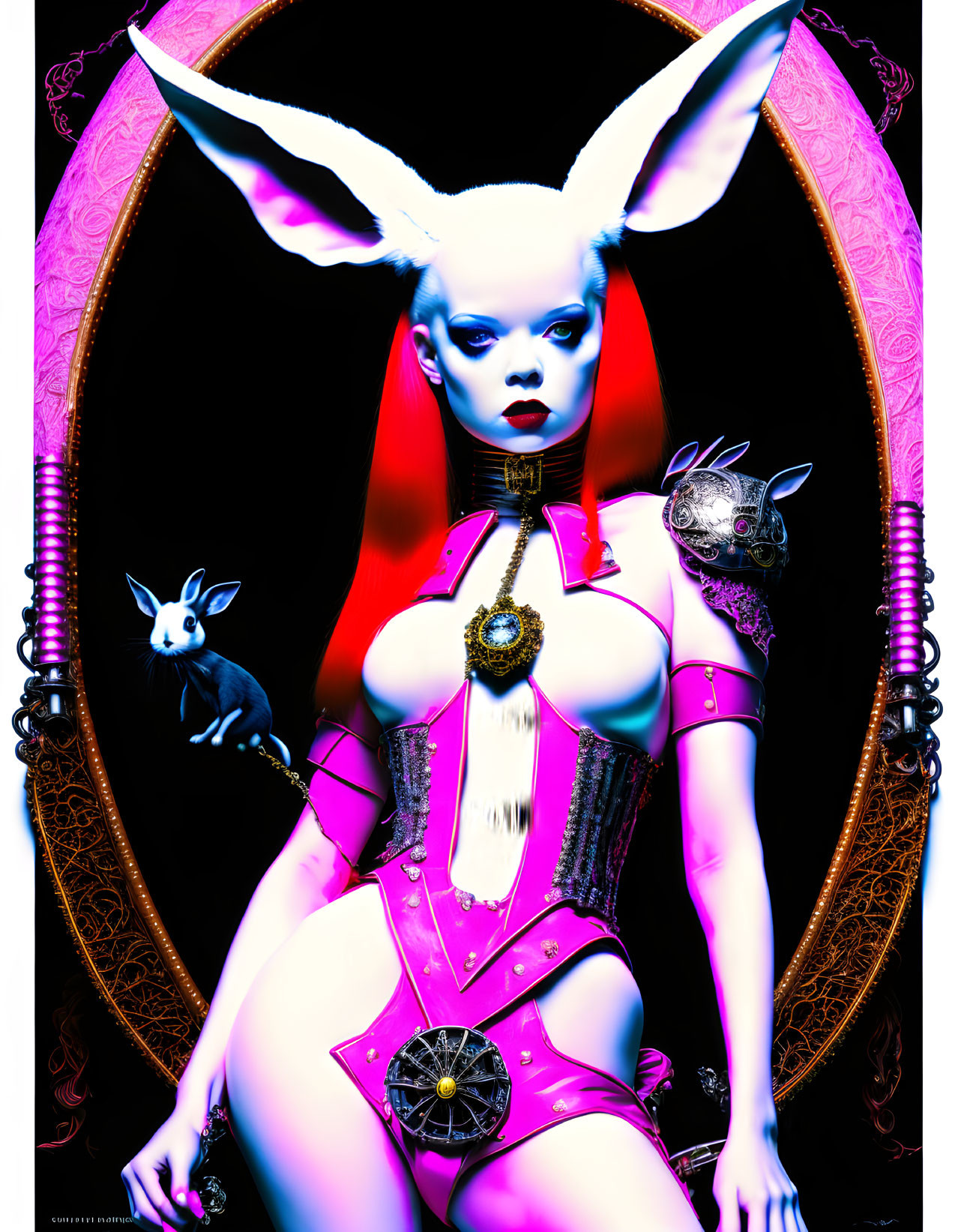 Detailed surreal illustration of humanoid rabbit in ornate frame