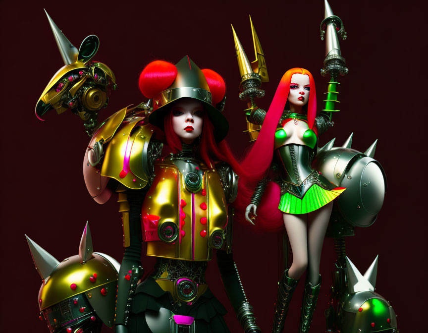 Futuristic female armored figures with elaborate helmets and metallic body suits on maroon backdrop