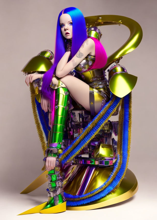 Futuristic woman with blue and purple hair on mechanical throne