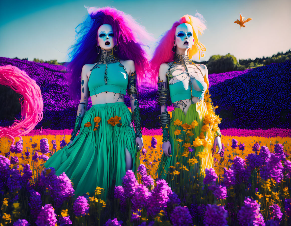 Vibrant fantasy makeup and colorful wigs in flower field with butterfly