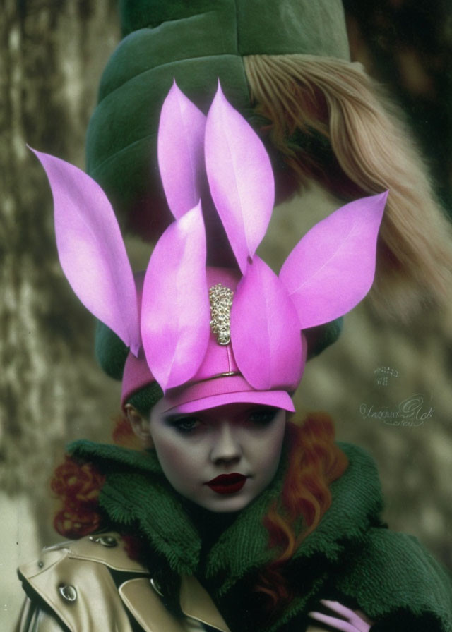 Woman with red lipstick and pink petal hat in green coat and fur hat.