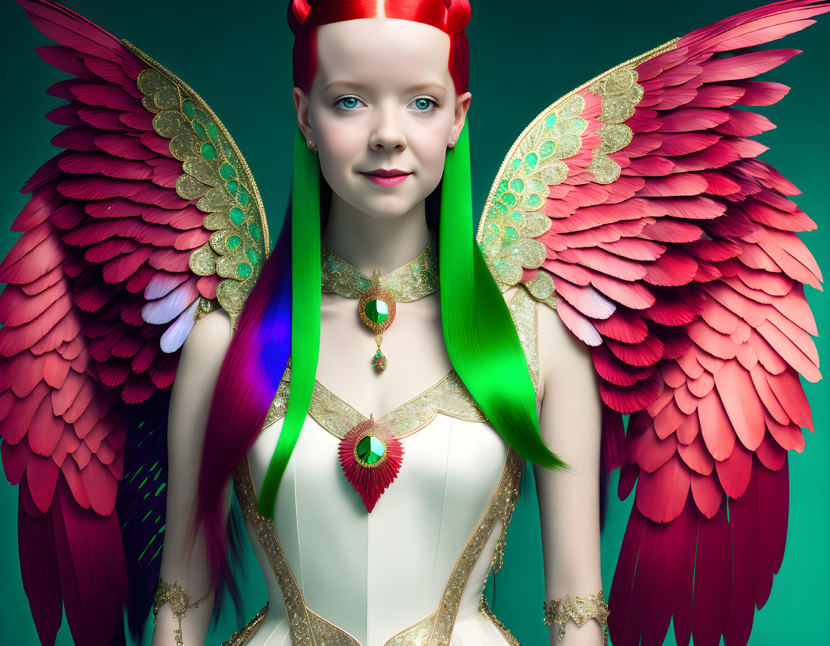 Colorful Fantasy Portrait with Red and Pink Wings and Unique Attire