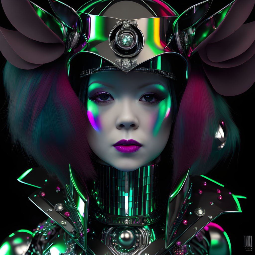 Colorful metallic headpiece on female cyborg with vibrant hair & detailed neck armor