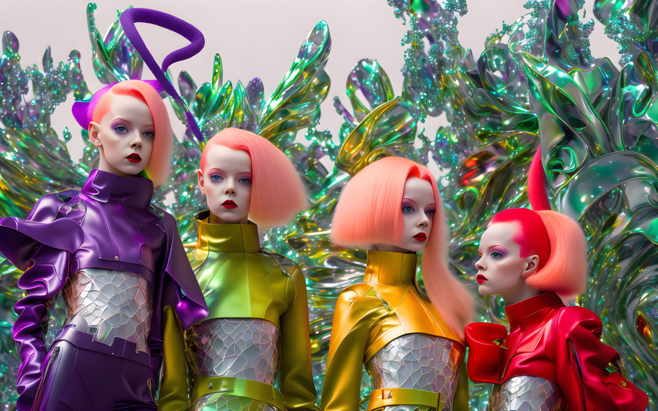 Vibrant futuristic mannequins with pink hair in metallic fashion