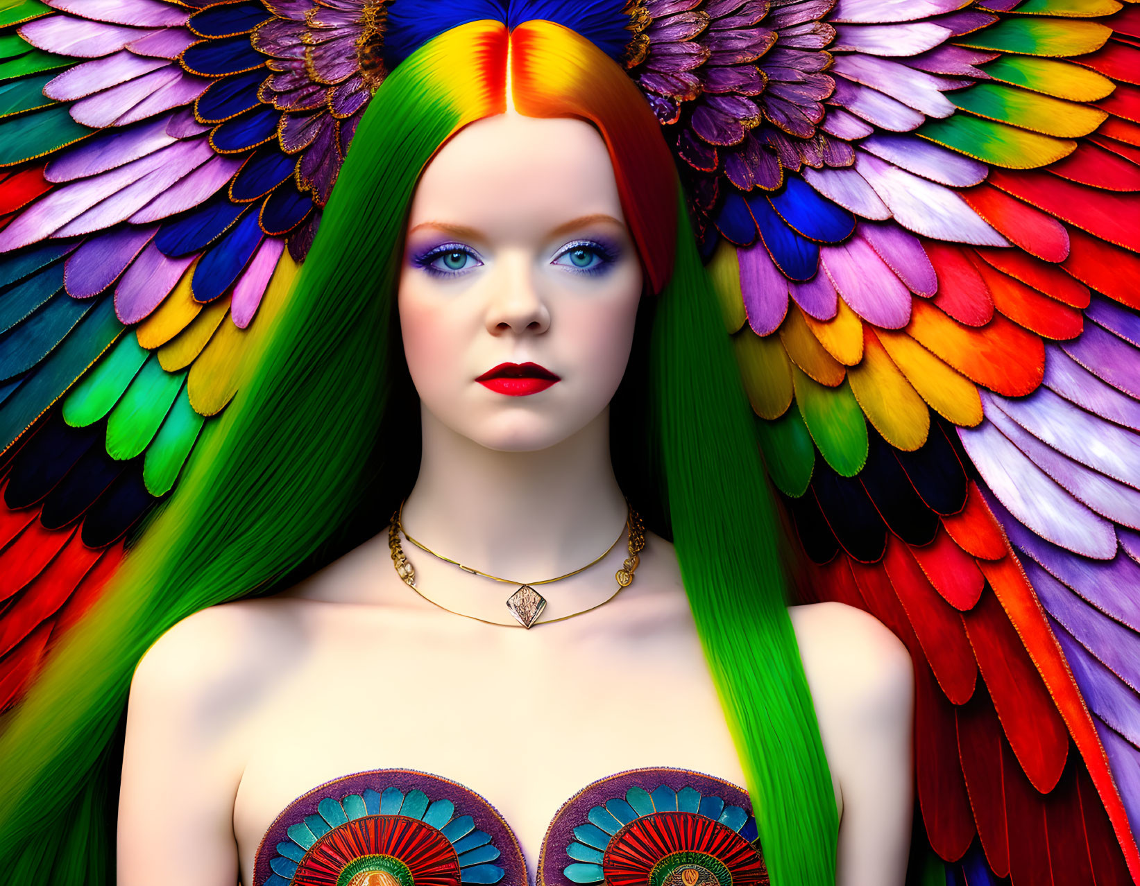 Colorful woman with rainbow hair, wings, blue eyes, peacock feathers