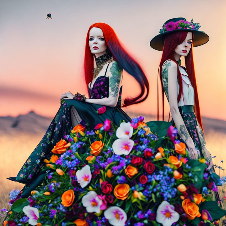 Two Women with Striking Red Hair in Floral Dresses at Sunset