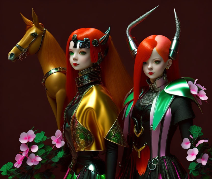 Stylized red-haired female characters with horns and golden horse in dark background with pink flowers