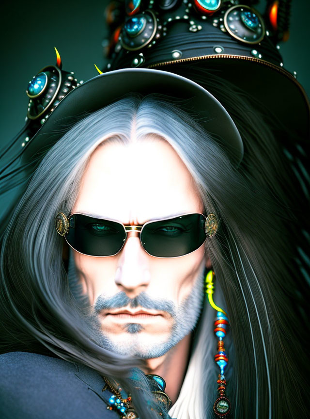 Silver-haired digital character with headdress and sunglasses