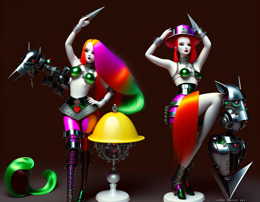 Colorful futuristic female figures with robotic limbs and whimsical robotic companions on brown background.