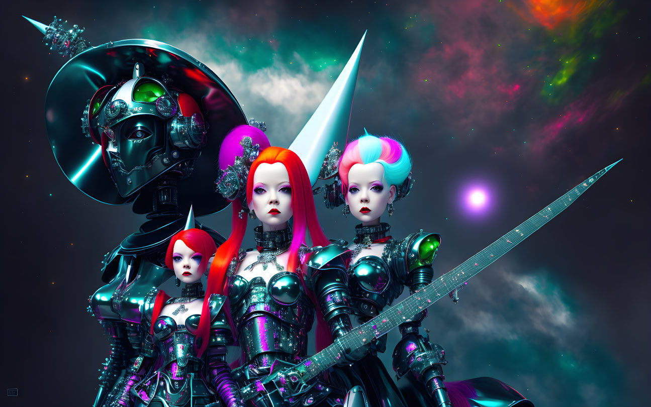 Futuristic stylized characters in sci-fi armor with vibrant hair on cosmic nebula.