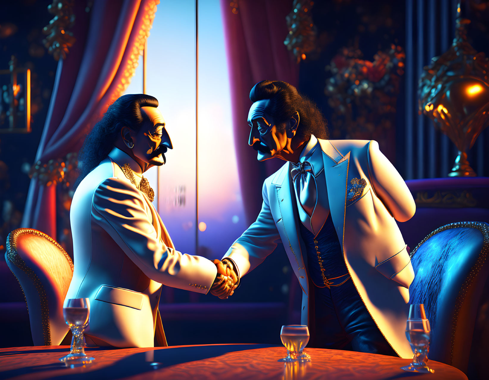 Two men with mustaches in stylish attire shaking hands in a dimly-lit, upscale bar.