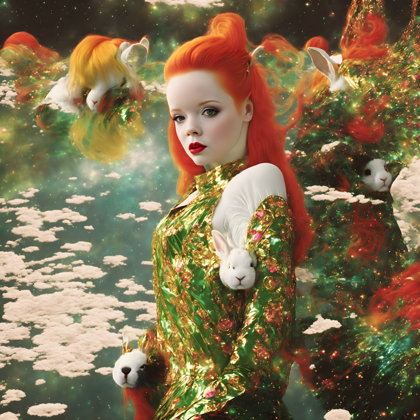 Striking Red-Haired Woman with Bold Makeup Surrounded by Surreal Elements