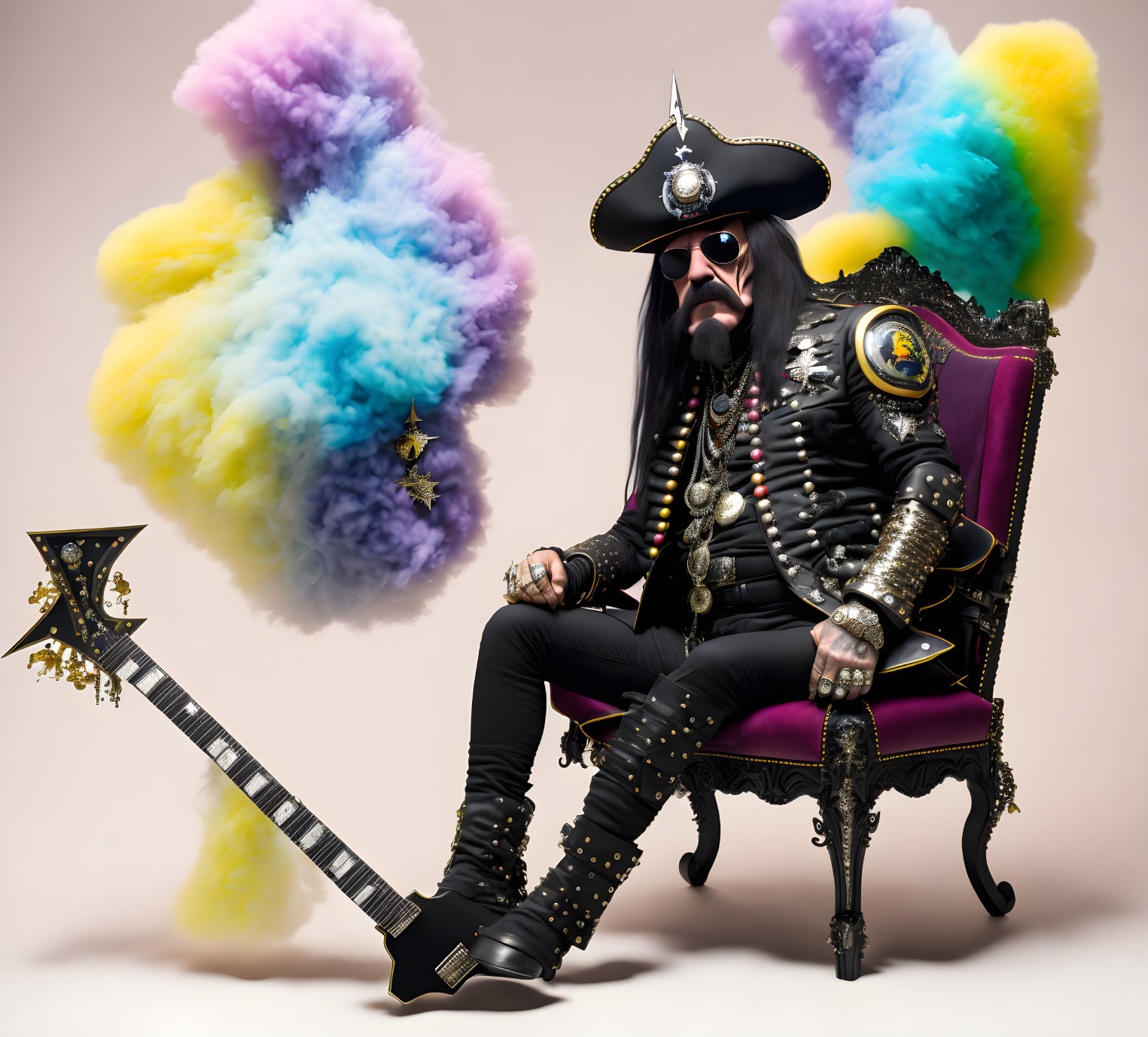 Flamboyant rocker in black hat and sunglasses on throne with guitar in colorful smoke.