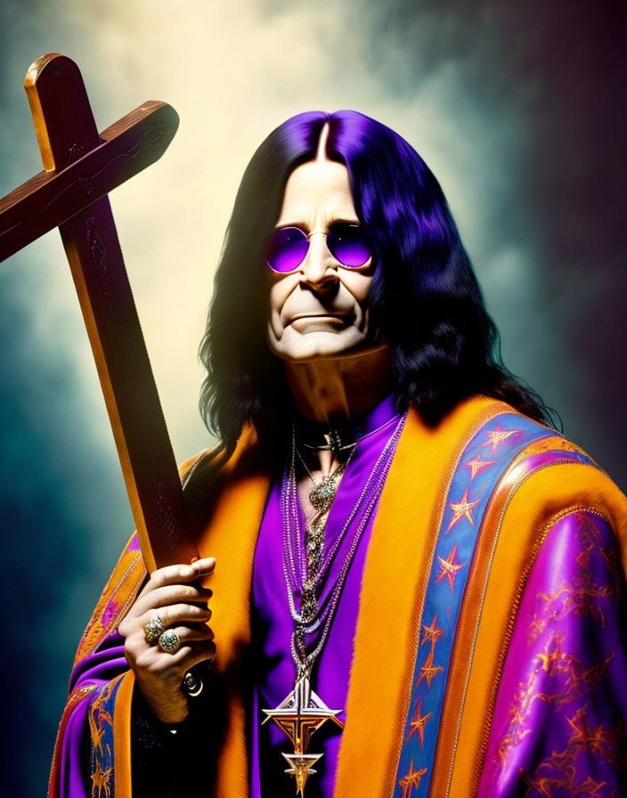 Person in Purple Attire Holding Cross with Sunglasses and Mystical Background