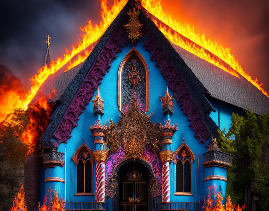 Gothic-style church engulfed in flames against dramatic sky