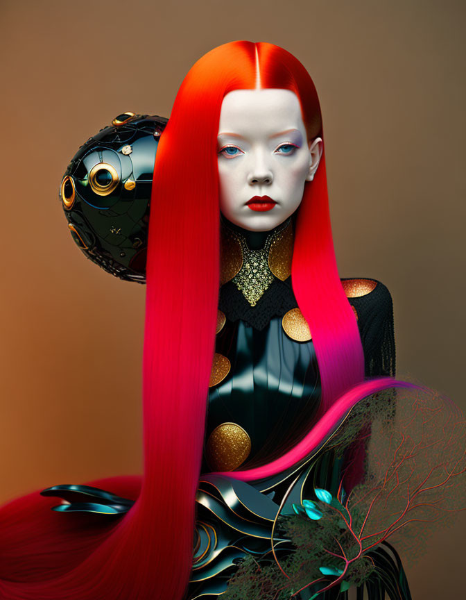 Surreal portrait of woman with red to black ombré hair and robotic orb