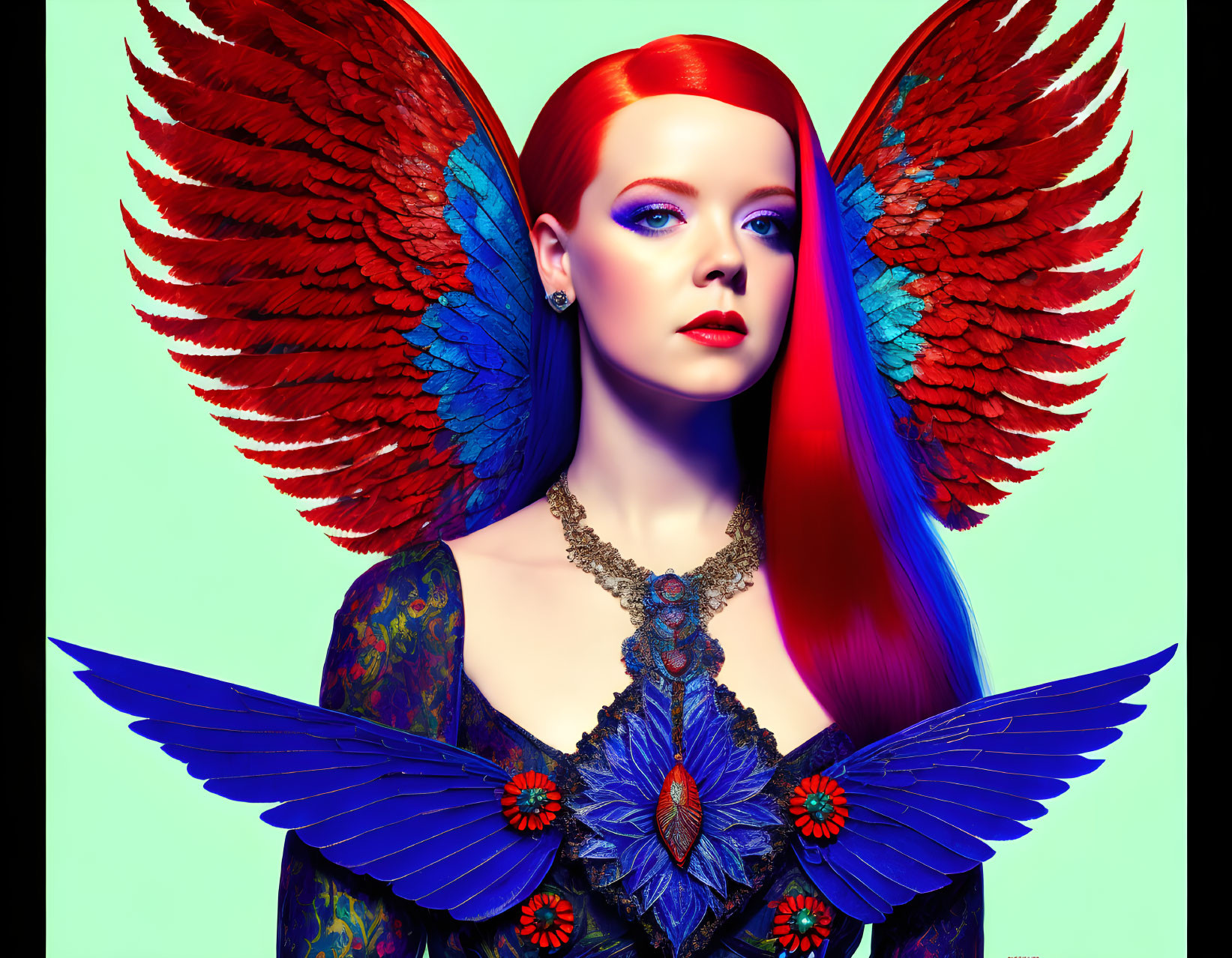 Vibrant red-haired woman with bird-like wings on turquoise backdrop