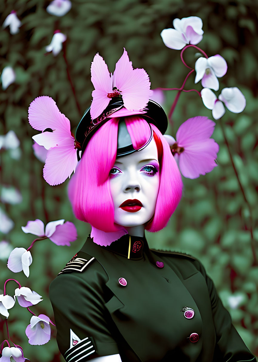 Vivid Pink Hair Woman in Military Jacket with Flowers
