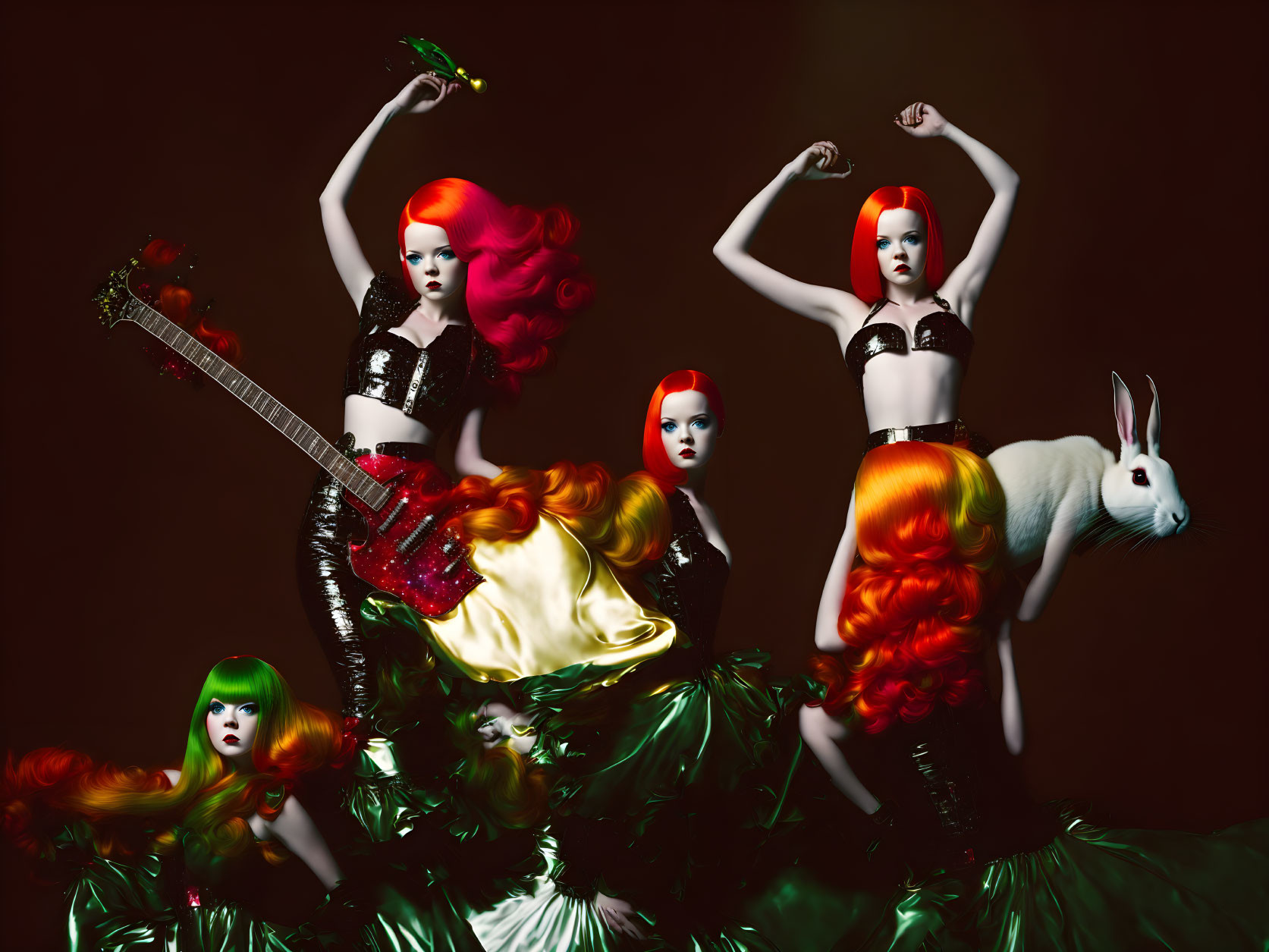 Colorful Hair and Extravagant Costumes: Surrealist Band Poses with Guitar and Rabbit