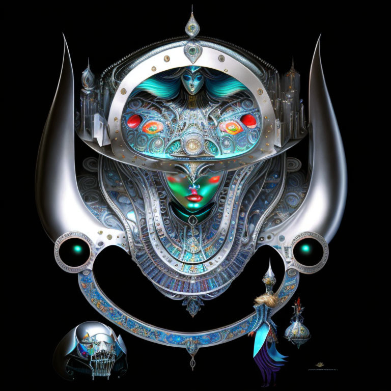 Surrealist digital artwork: ornate mechanical face with intricate patterns