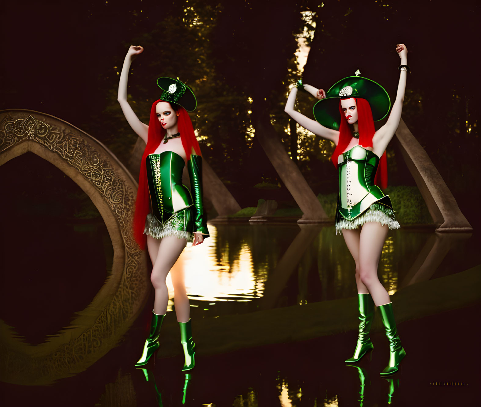 Two Matching Green and Red Pirate Costumes by Nighttime Pond