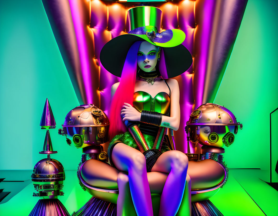 Colorful 3D illustration of female character with green skin and purple hair in top hat surrounded by