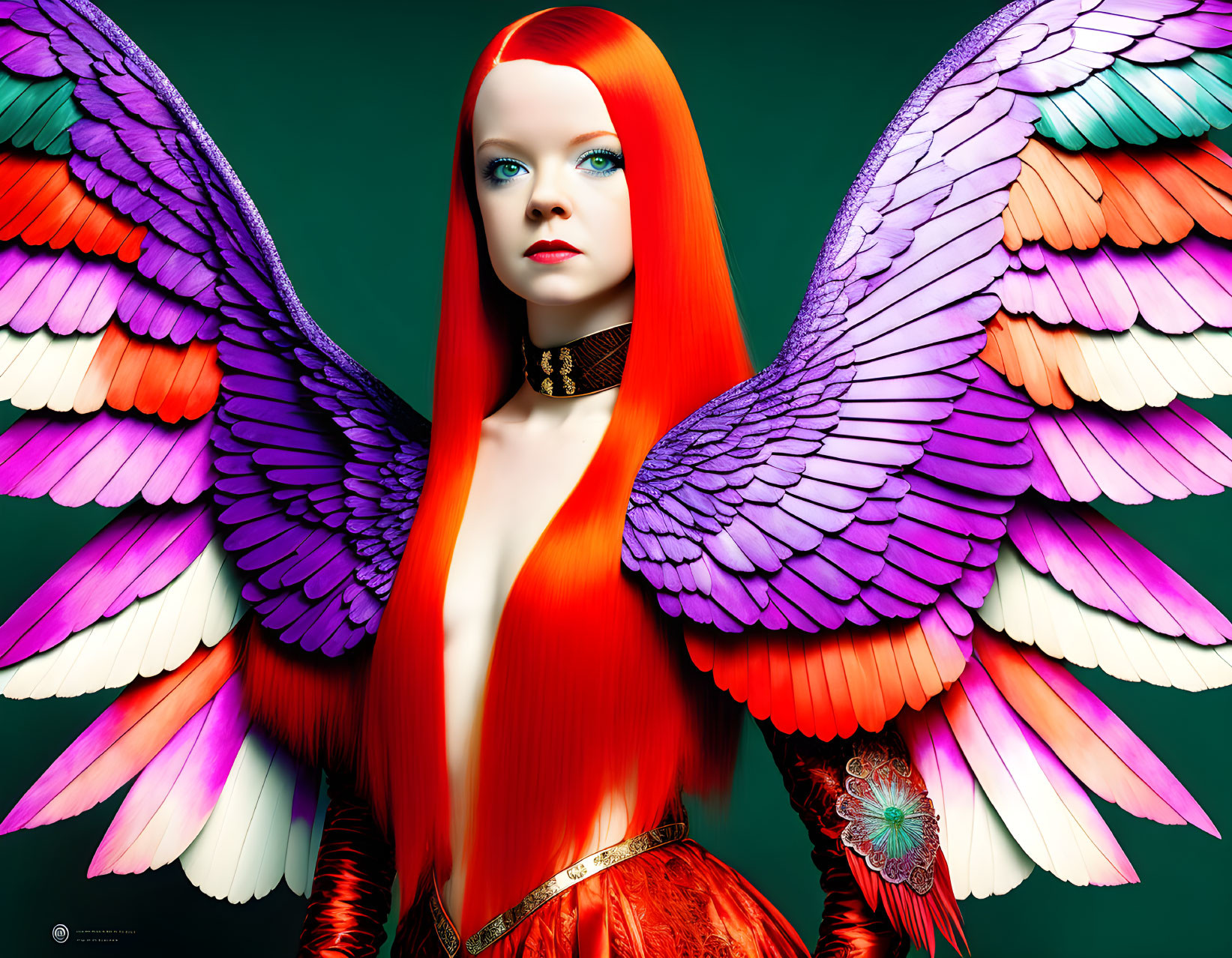 Striking Red Hair and Butterfly-like Wings on Green Background